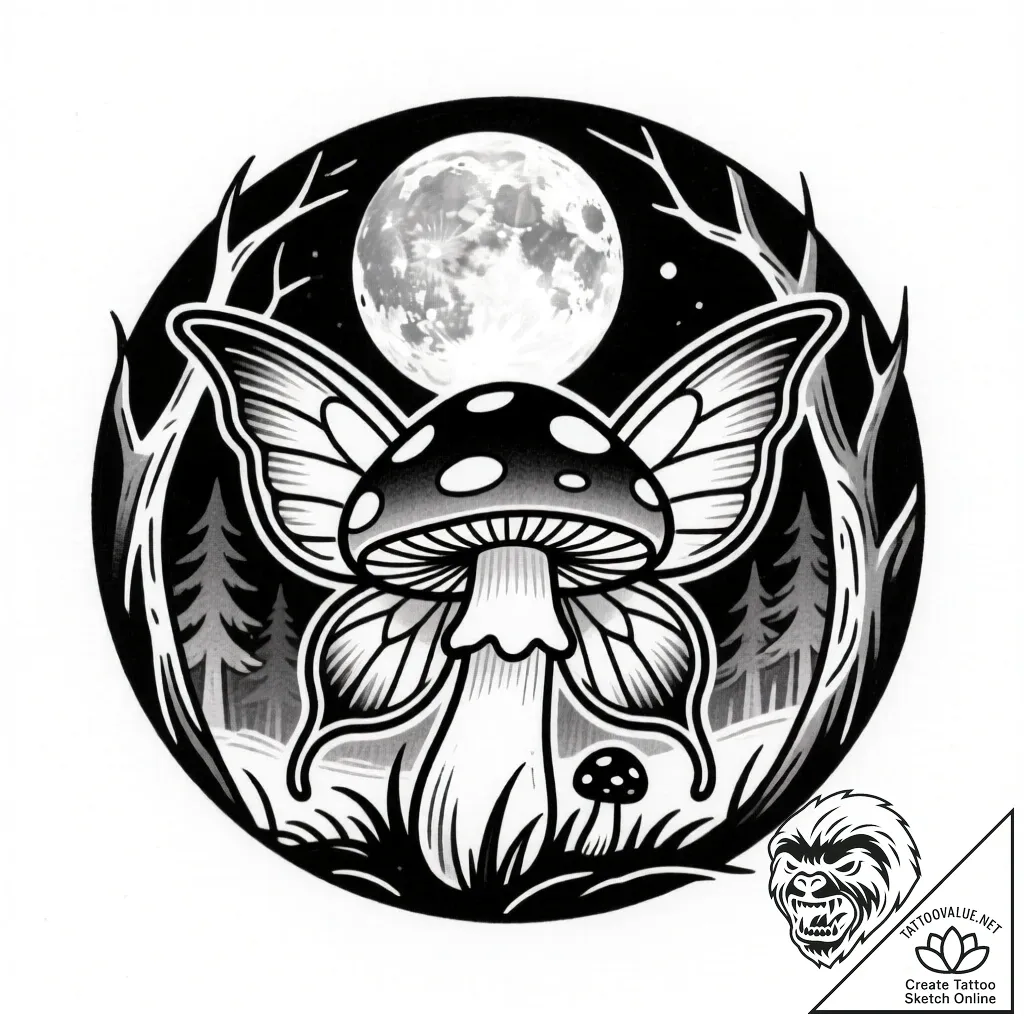 Tat tattoo sketch, fairy mushroom circle glow... - style Flux Inscriptions - tattoo sketch (27.11.2025 10:37)