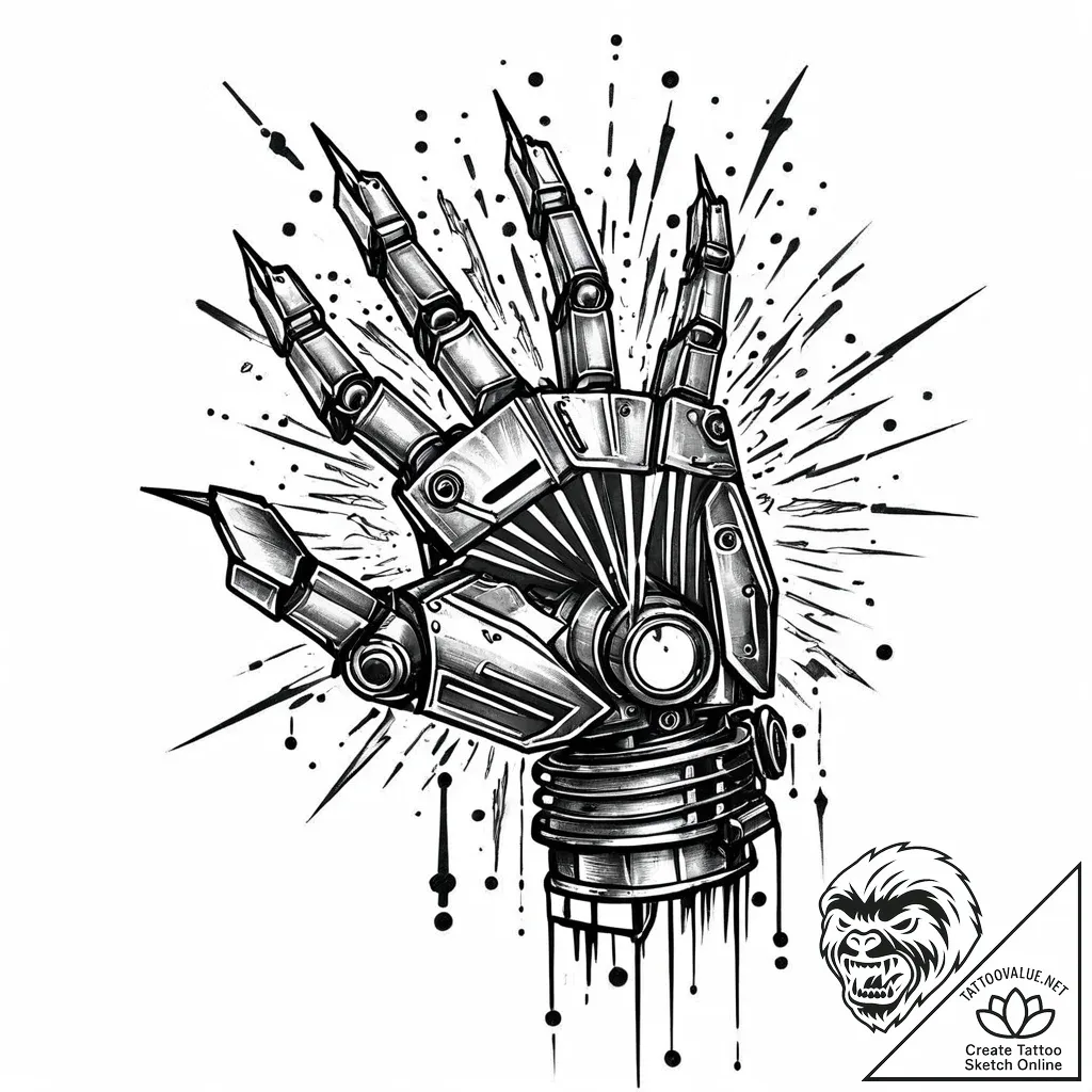 Tattoo sketch, robot hand reaching out with s... - style Jaeger Mini - tattoo sketch (27.11.2025 12:37)