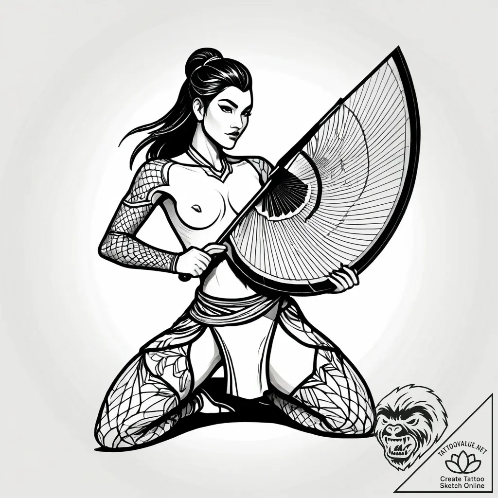 Tattoo sketch, mulan holding fan with warrior... - style Jagger Old - tattoo sketch (27.11.2025 15:37)