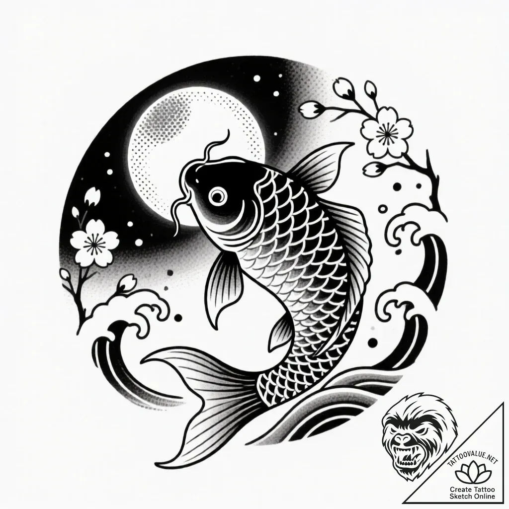 Koi fish circling celestial orb, ink illustra... - style Flux Inscriptions - tattoo sketch (27.11.2025 19:37)