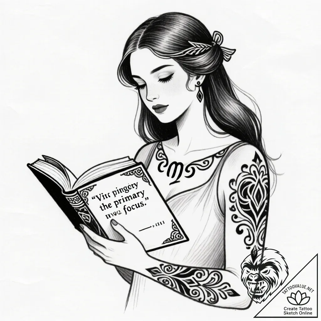 Tattoo design a virgo maiden, holding a book... - style Flux Inscriptions - tattoo sketch (27.11.2025 22:17)