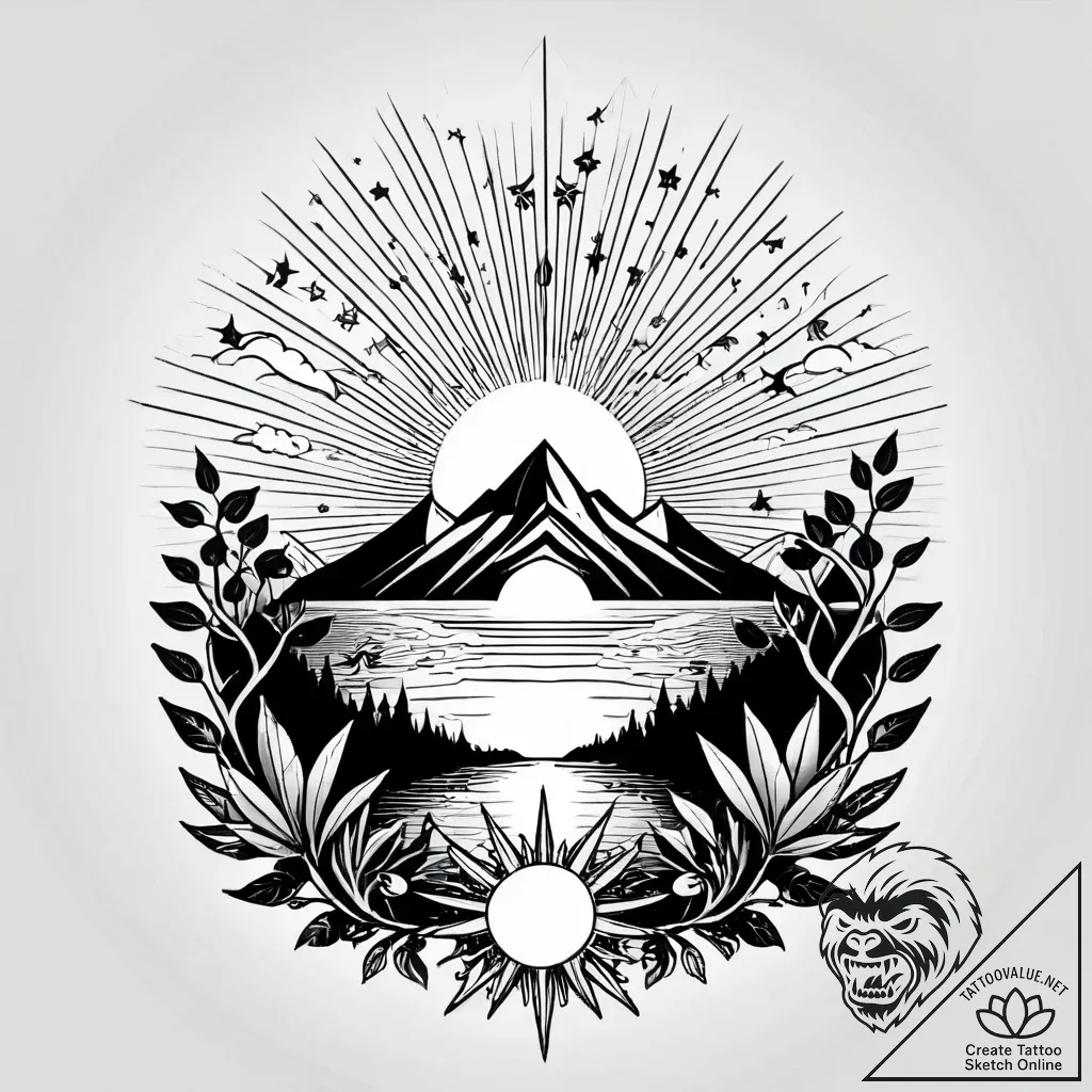 Tat tattoo sketch, jungle silhouette with sun... - style Jagger Old - tattoo sketch (28.11.2025 03:16)