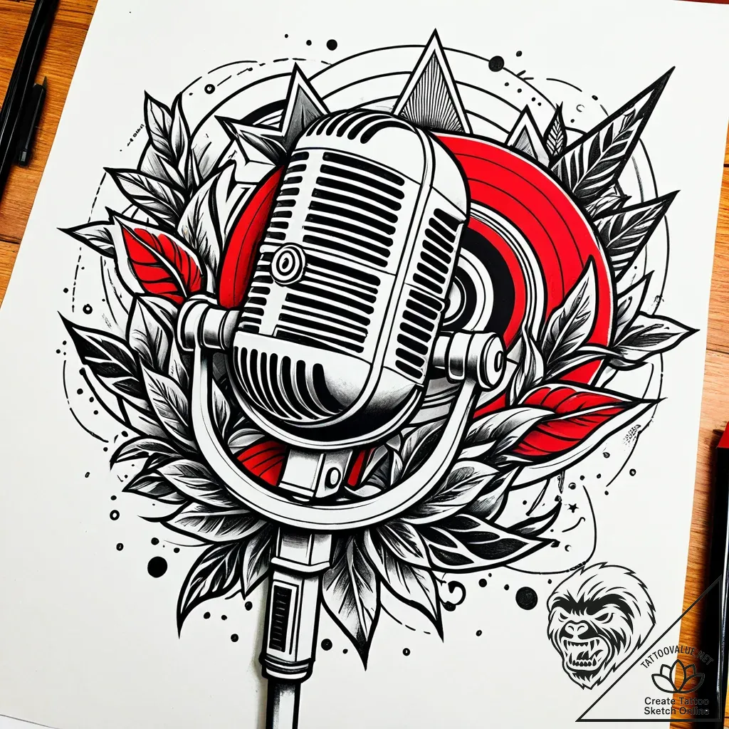 Tat tattoo sketch, retro fan with vintage mic... - style Jaeger Simple - tattoo sketch (28.11.2025 07:56)