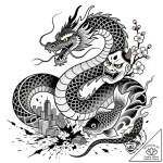 Apocalyptic serpent crushing city, tattoo dra… – style Flux Inscriptions – tattoo sketch (28.11.2025 12:57)