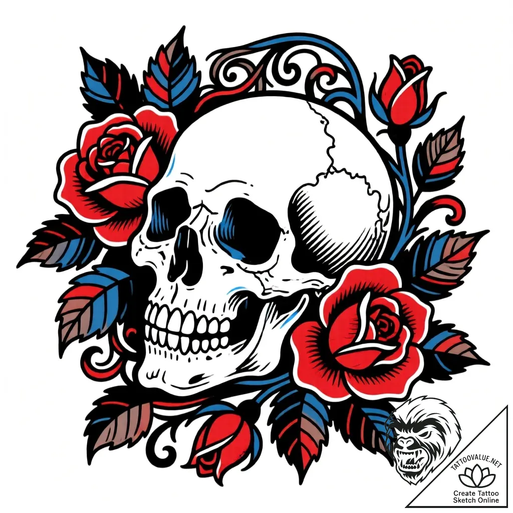 Tat tattoo sketch, neotraditional skull with... - style Flux Inscriptions - tattoo sketch (28.11.2025 14:17)