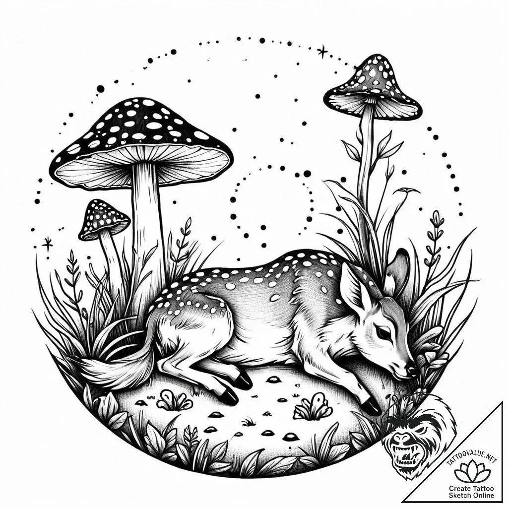 Fawn sleeping in a circle of mushrooms, artis... - style Jaeger Mini - tattoo sketch (28.11.2025 20:17)