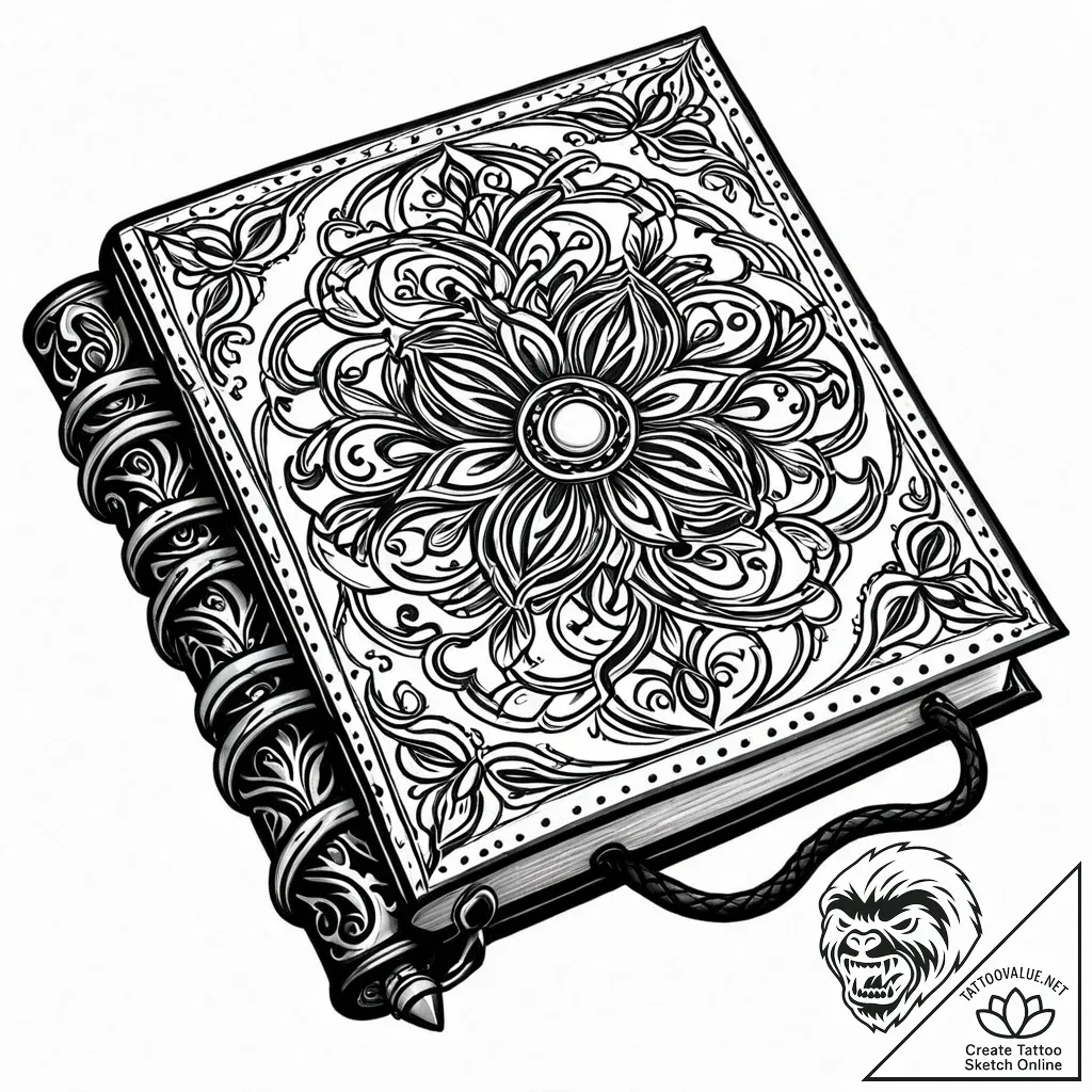 A detailed shot of an old, leather-bound book... - style Jaeger Mini - tattoo sketch (28.11.2025 21:37)