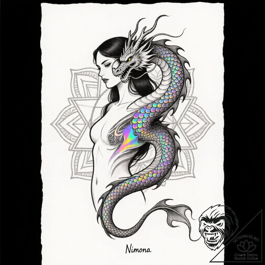 Tat tattoo sketch, nimona’s human form fading... - style Flux Inscriptions - tattoo sketch (28.11.2025 22:17)