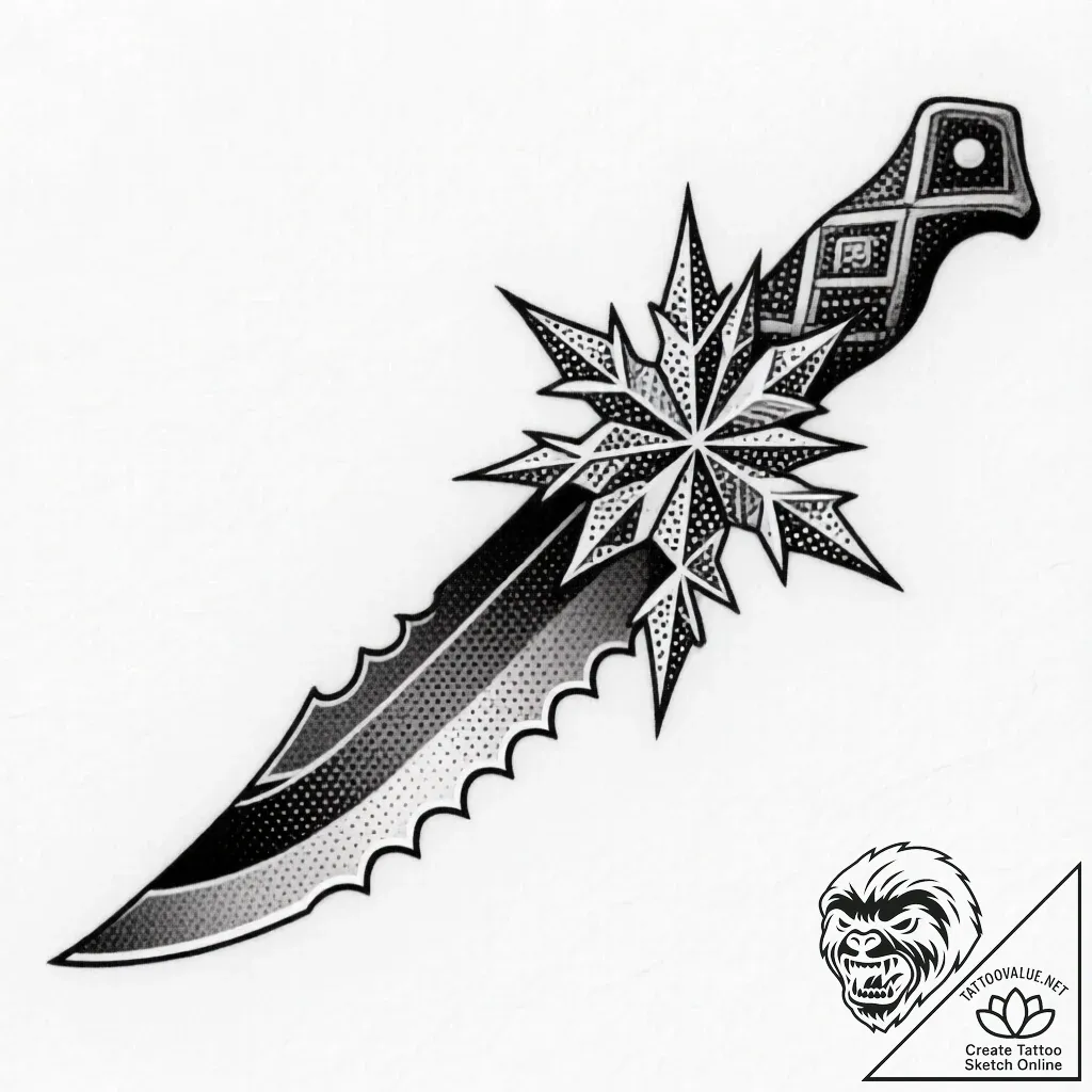 Serrated blade crowned in frost, tattoo sketc... - style Flux Inscriptions - tattoo sketch (29.11.2025 00:58)