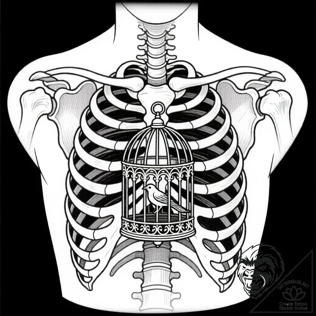 X-ray of a chest showing a birdcage instead o... - style Flux Inscriptions - tattoo sketch (29.11.2025 03:37)