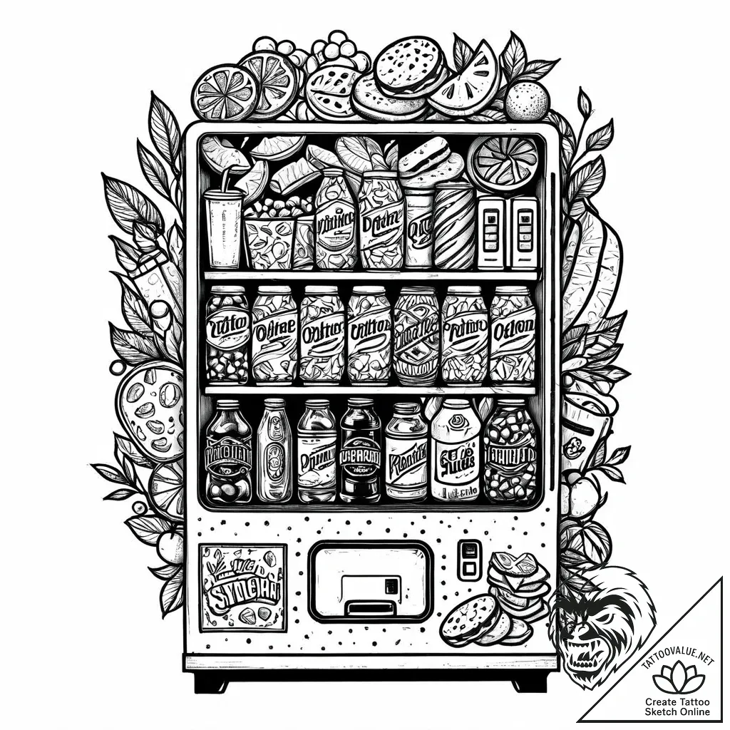 Vending machine selling snacks and drinks, ta... - style Jaeger Mini - tattoo sketch (29.11.2025 06:56)