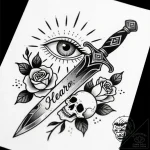 Forgotten dagger beneath celestial eye, tatto… – style Flux Inscriptions – tattoo sketch (29.11.2025 07:37)