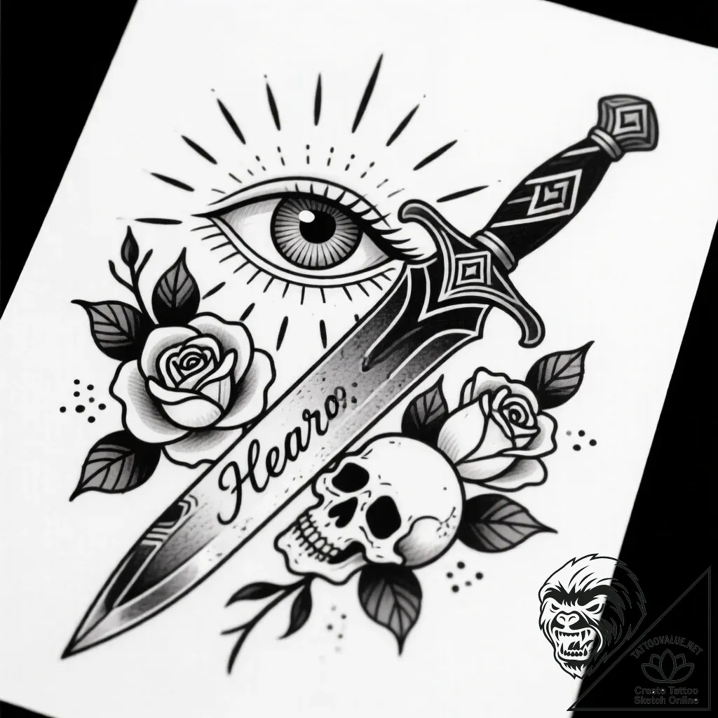 Forgotten dagger beneath celestial eye, tatto... - style Flux Inscriptions - tattoo sketch (29.11.2025 07:37)