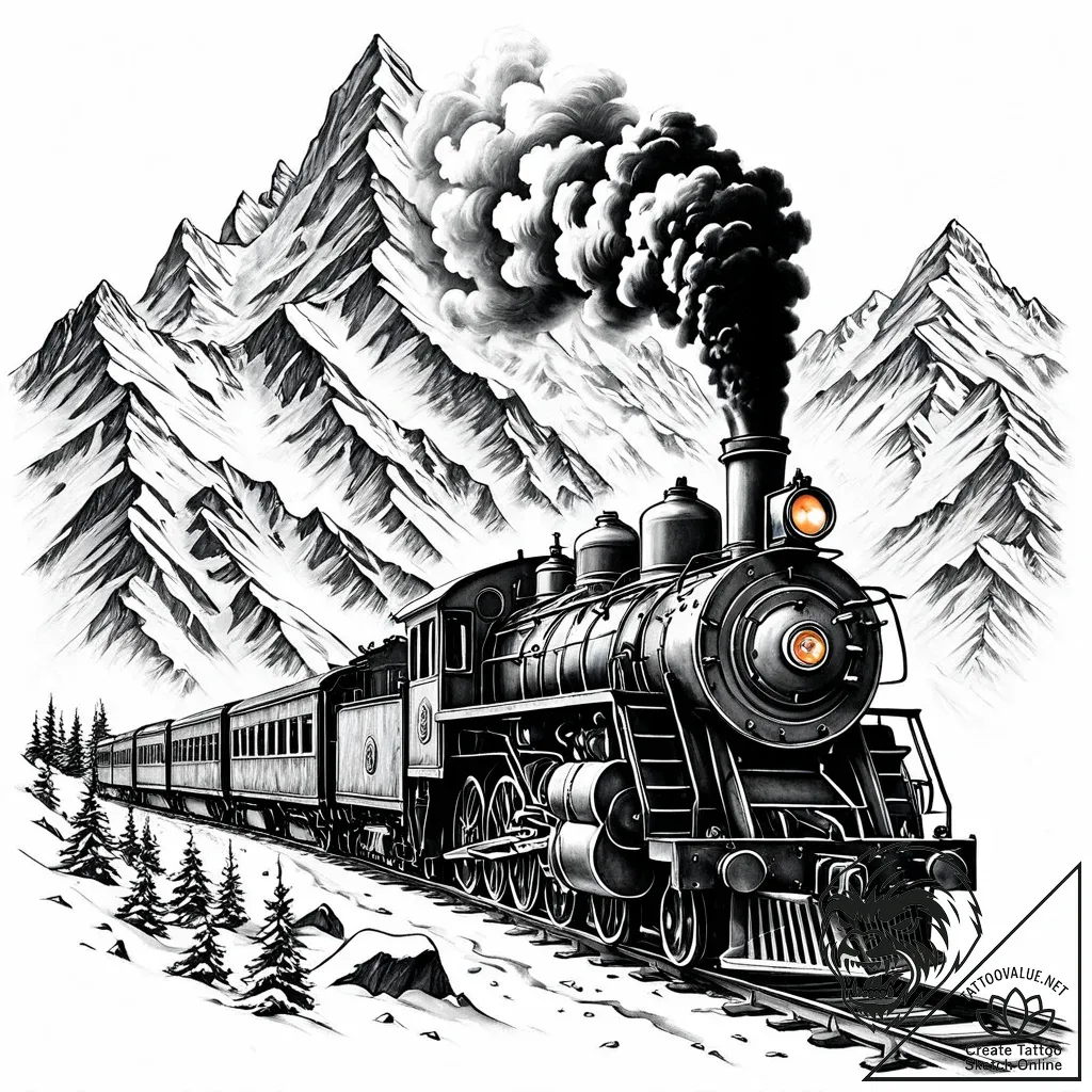 A powerful steam locomotive chugging through... - style Jaeger Mini - tattoo sketch (29.11.2025 08:16)