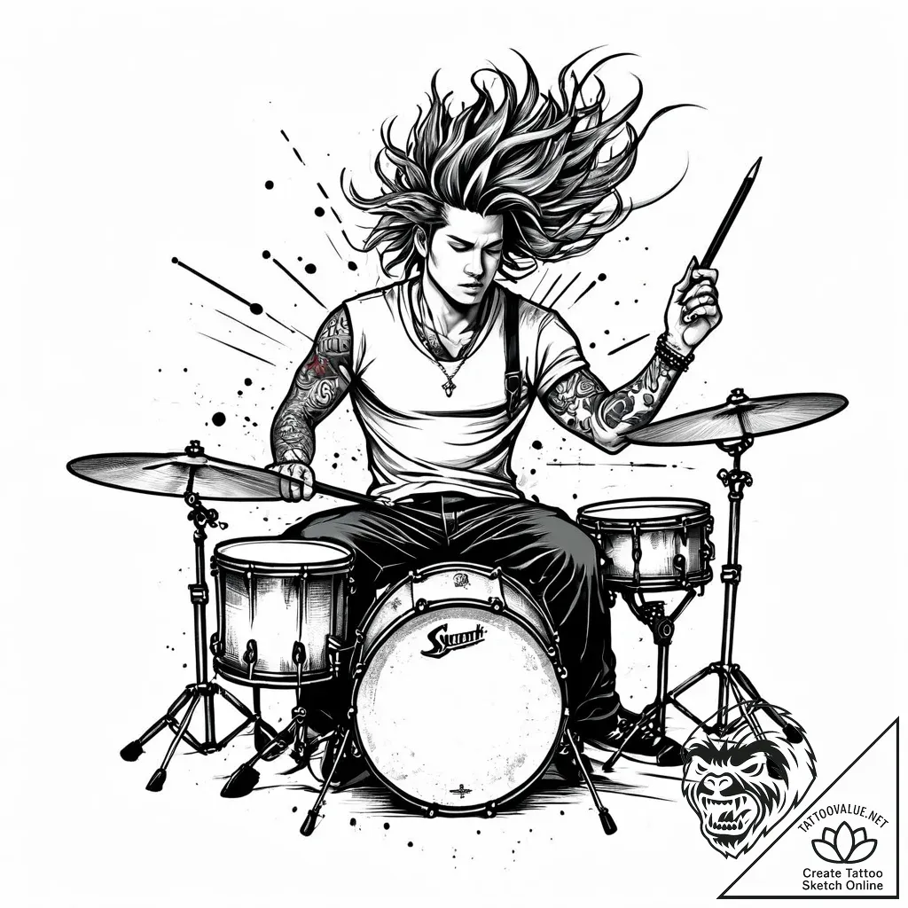 Tattoo sketch, stuart playing drums with wild... - style Jaeger Mini - tattoo sketch (29.11.2025 09:37)