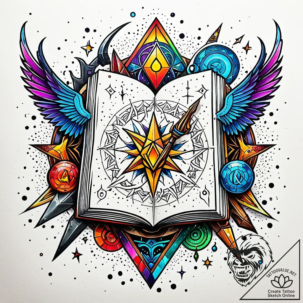 Tat tattoo sketch, leather-bound spellbook op... - style Jaeger Simple - tattoo sketch (29.11.2025 11:57)