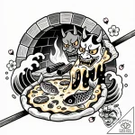 A rustic, artisanal pizza being pulled from a… – style Flux Inscriptions – tattoo sketch (29.11.2025 14:17)