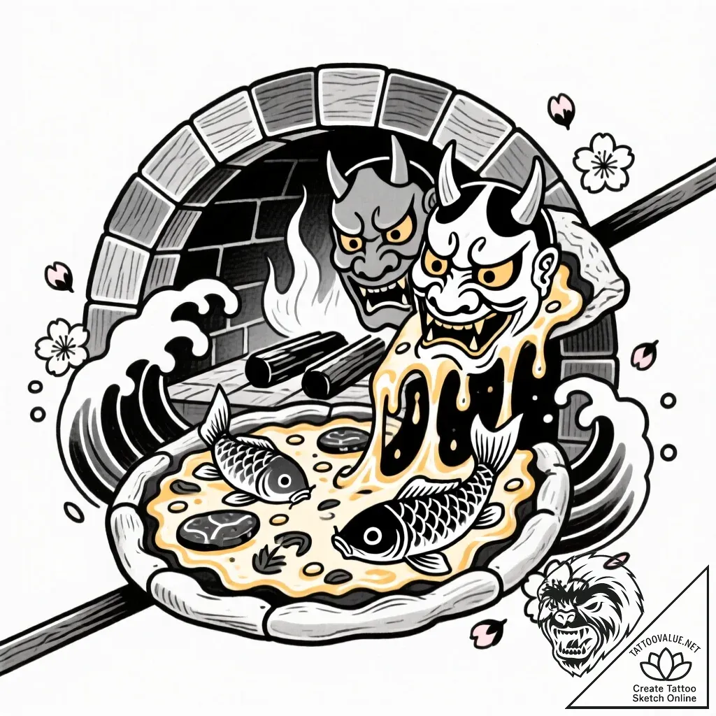 A rustic, artisanal pizza being pulled from a... - style Flux Inscriptions - tattoo sketch (29.11.2025 14:17)