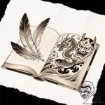 Tattoo sketch, open book with fluttering page… – style Flux Inscriptions – tattoo sketch (29.11.2025 15:37)