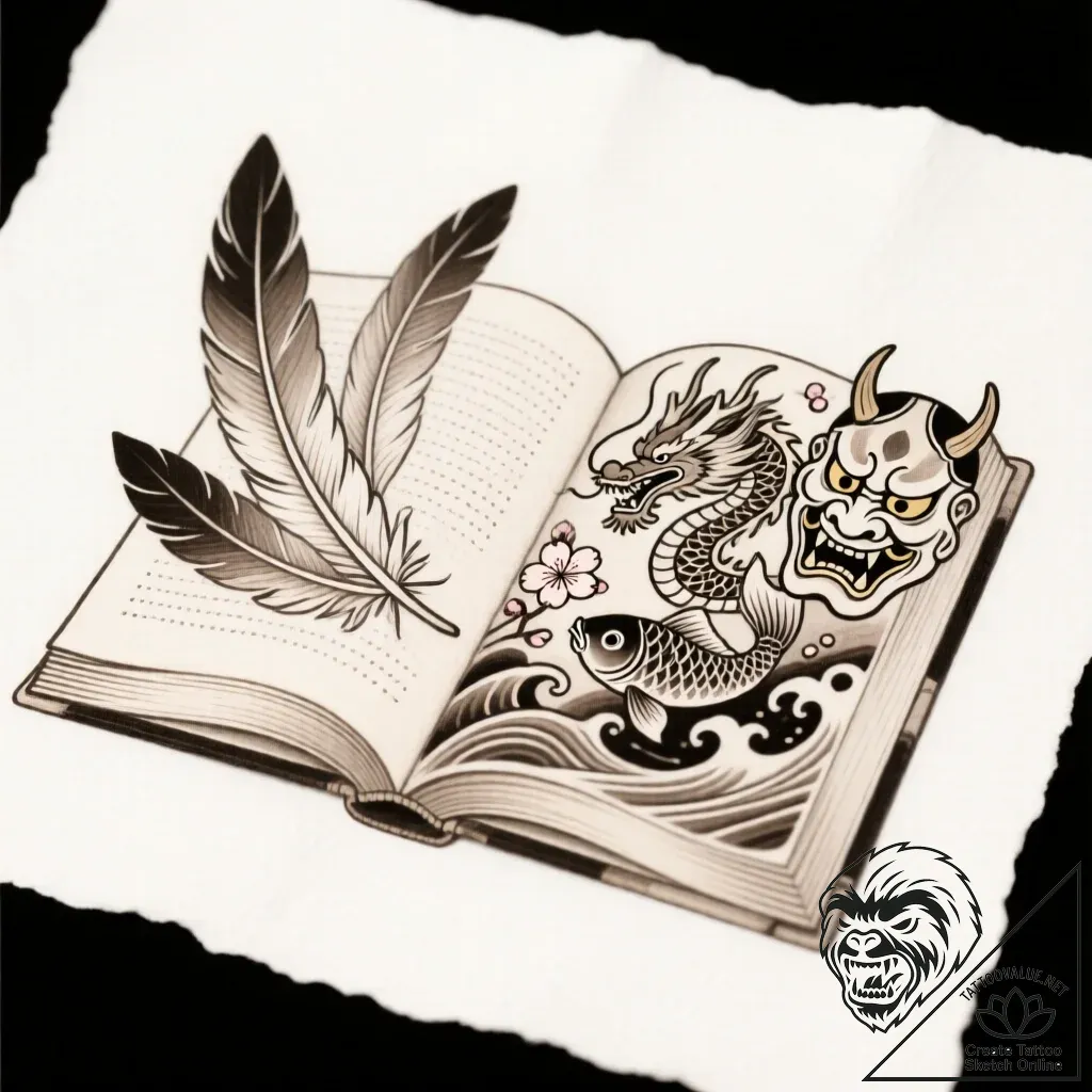 Tattoo sketch, open book with fluttering page... - style Flux Inscriptions - tattoo sketch (29.11.2025 15:37)