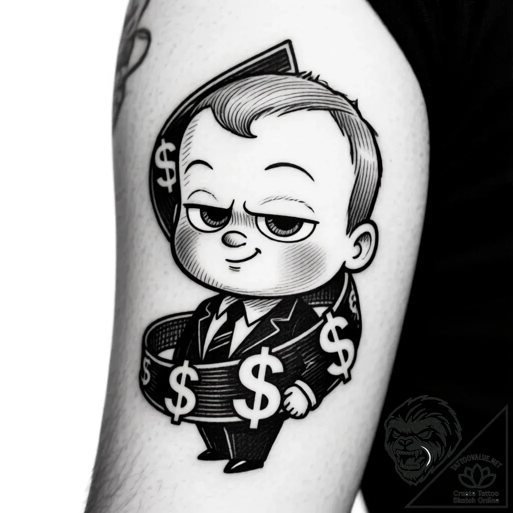 Tattoo sketch, boss baby silhouette with doll... - style Flux Inscriptions - tattoo sketch (29.11.2025 17:57)
