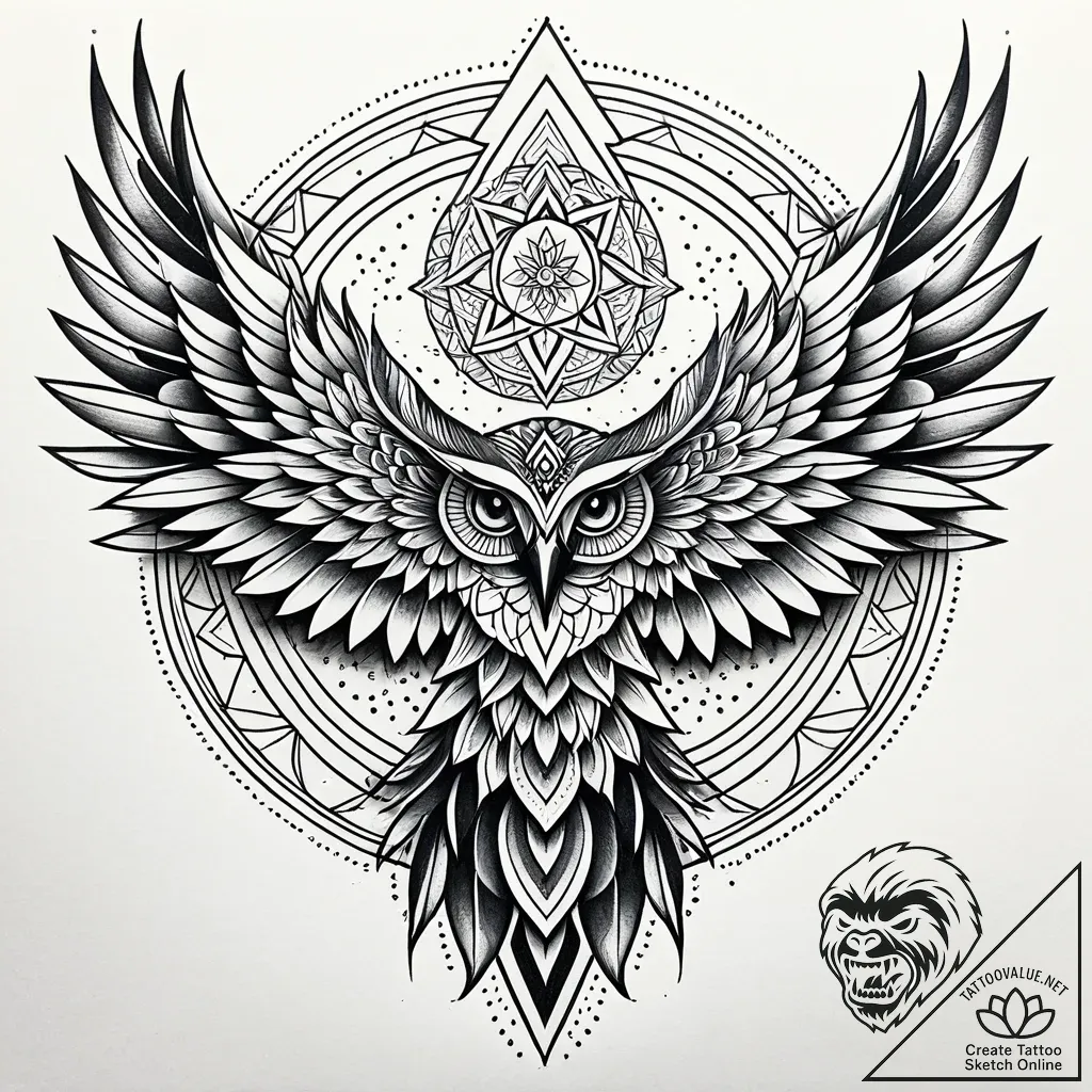 Tattoo sketch, spirit rearing with feathers f... - style Jaeger Simple - tattoo sketch (29.11.2025 20:57)