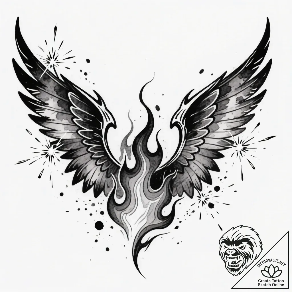 Tat tattoo sketch, ember’s fiery wings unfold... - style Flux Inscriptions - tattoo sketch (29.11.2025 21:57)