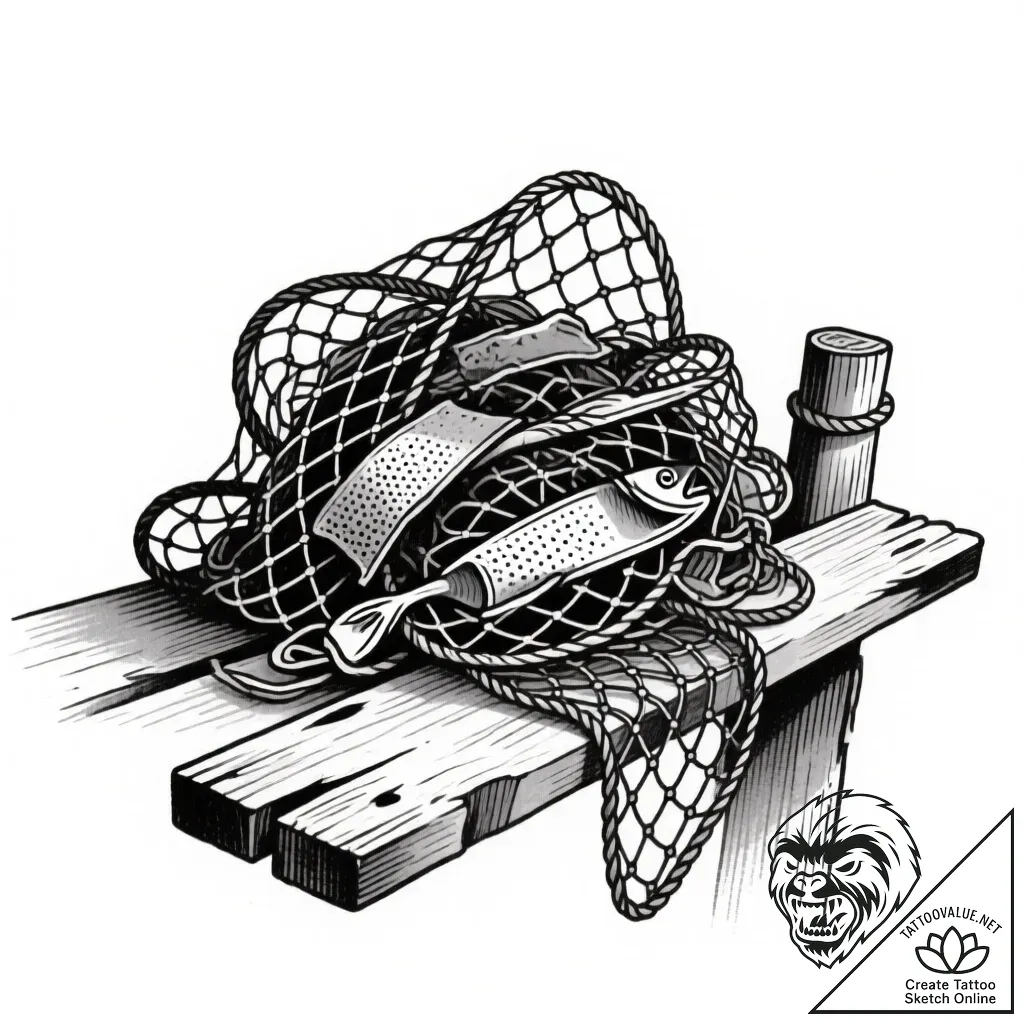 A pile of colorful, discarded fishing nets on... - style Flux Inscriptions - tattoo sketch (30.11.2025 00:37)