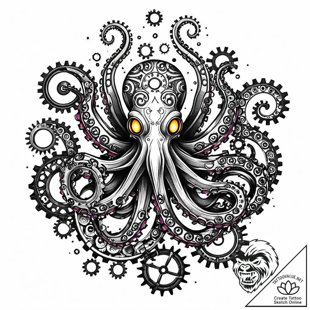 Tat tattoo sketch, steampunk octopus with clo... - style Jaeger Mini - tattoo sketch (30.11.2025 02:37)