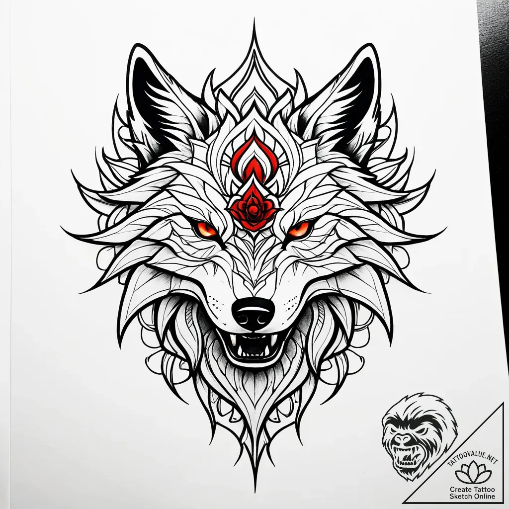 Wolf spirit devouring celestial bloom, tattoo... - style Jaeger Simple - tattoo sketch (30.11.2025 03:37)