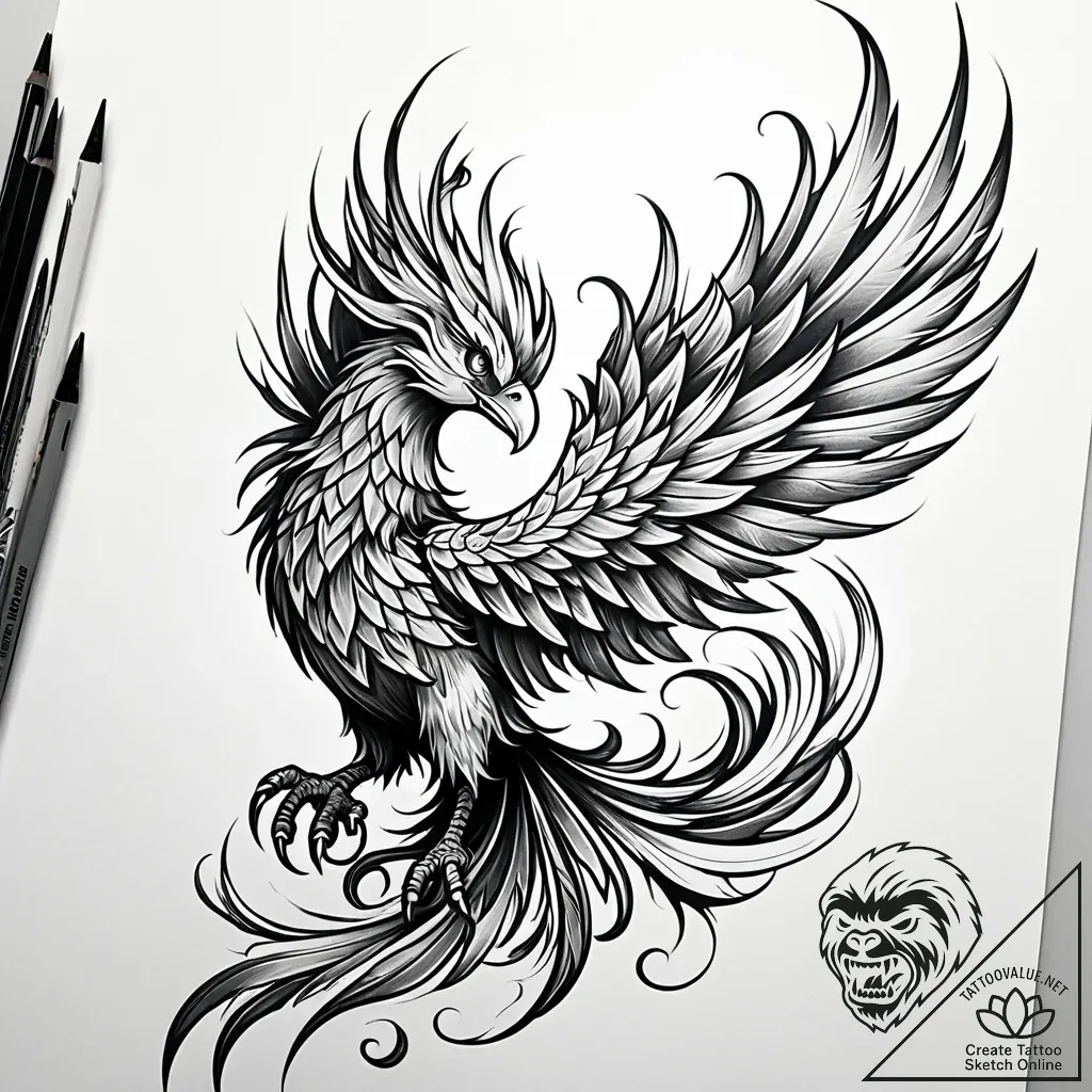 Tat tattoo sketch, mythical phoenix rising fr... - style Jaeger Simple - tattoo sketch (30.11.2025 07:37)