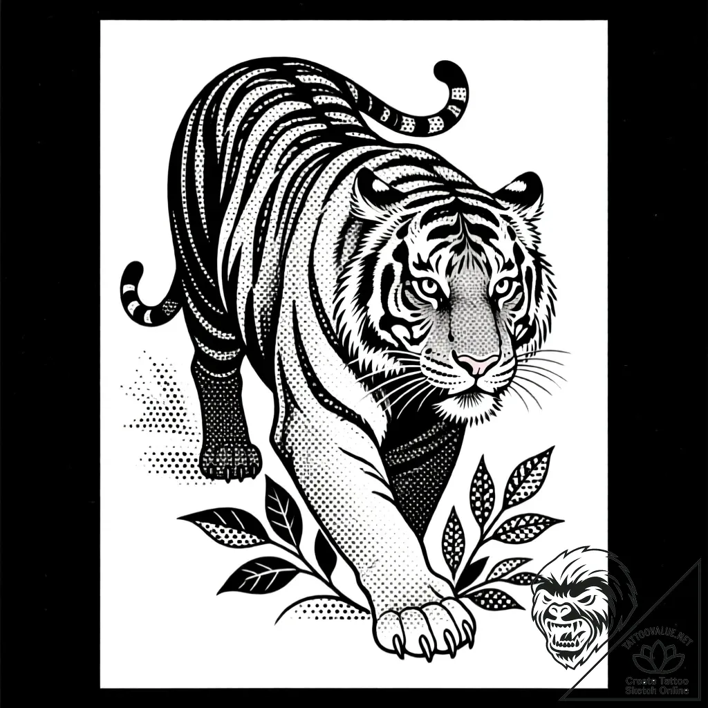 Tattoo sketch, hyperrealistic tiger prowling... - style Flux Inscriptions - tattoo sketch (30.11.2025 08:37)