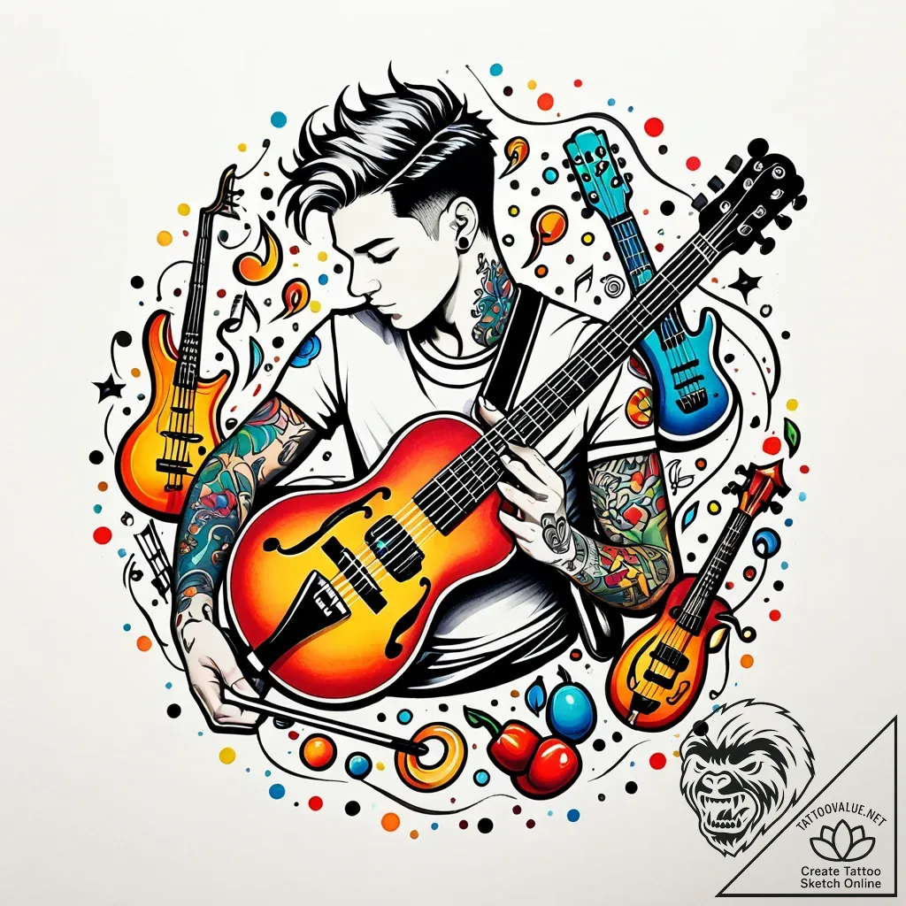 Tat tattoo sketch, the boy surrounded by musi... - style Jaeger Simple - tattoo sketch (30.11.2025 08:57)