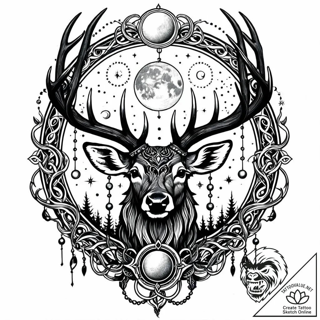 Arcane stag with lunar antlers, artistic tatt... - style Jaeger Mini - tattoo sketch (30.11.2025 09:16)