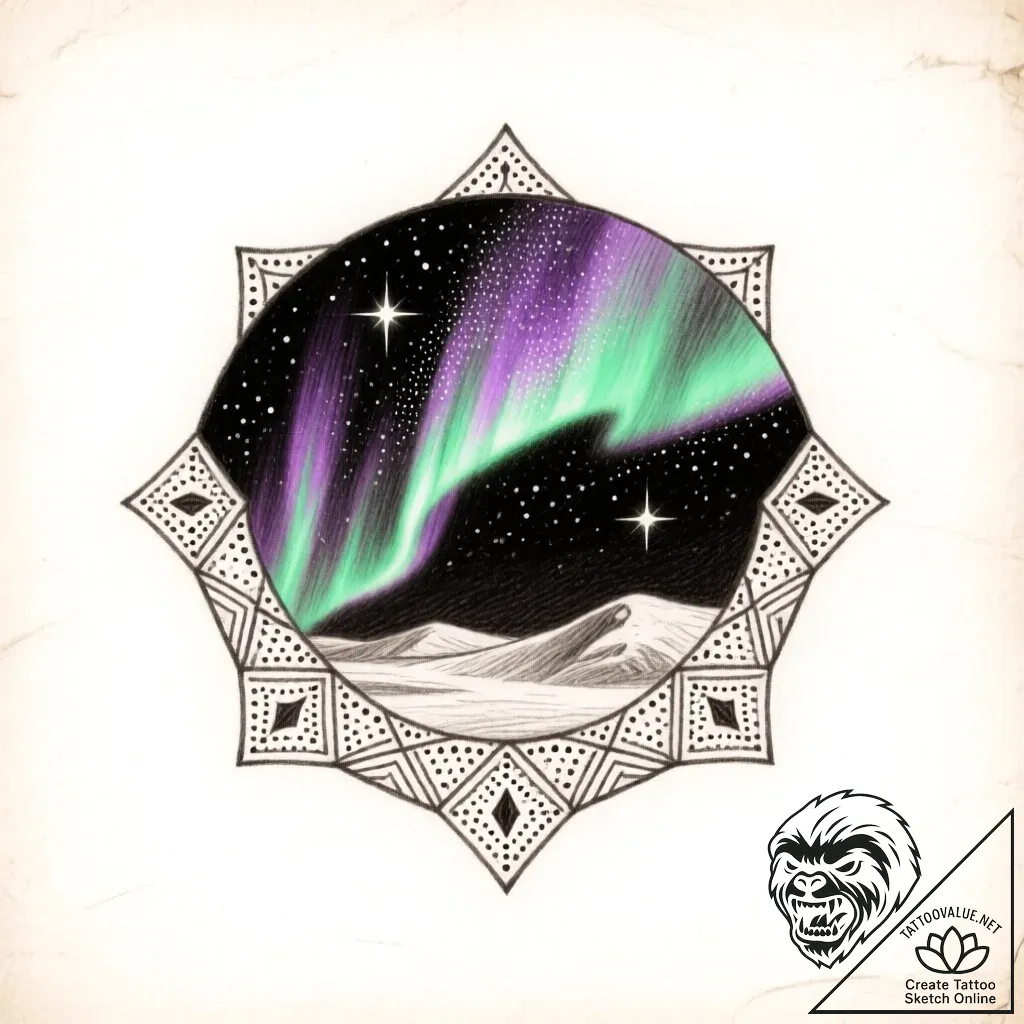 Tat tattoo sketch, northern lights shimmering... - style Flux Inscriptions - tattoo sketch (30.11.2025 09:57)