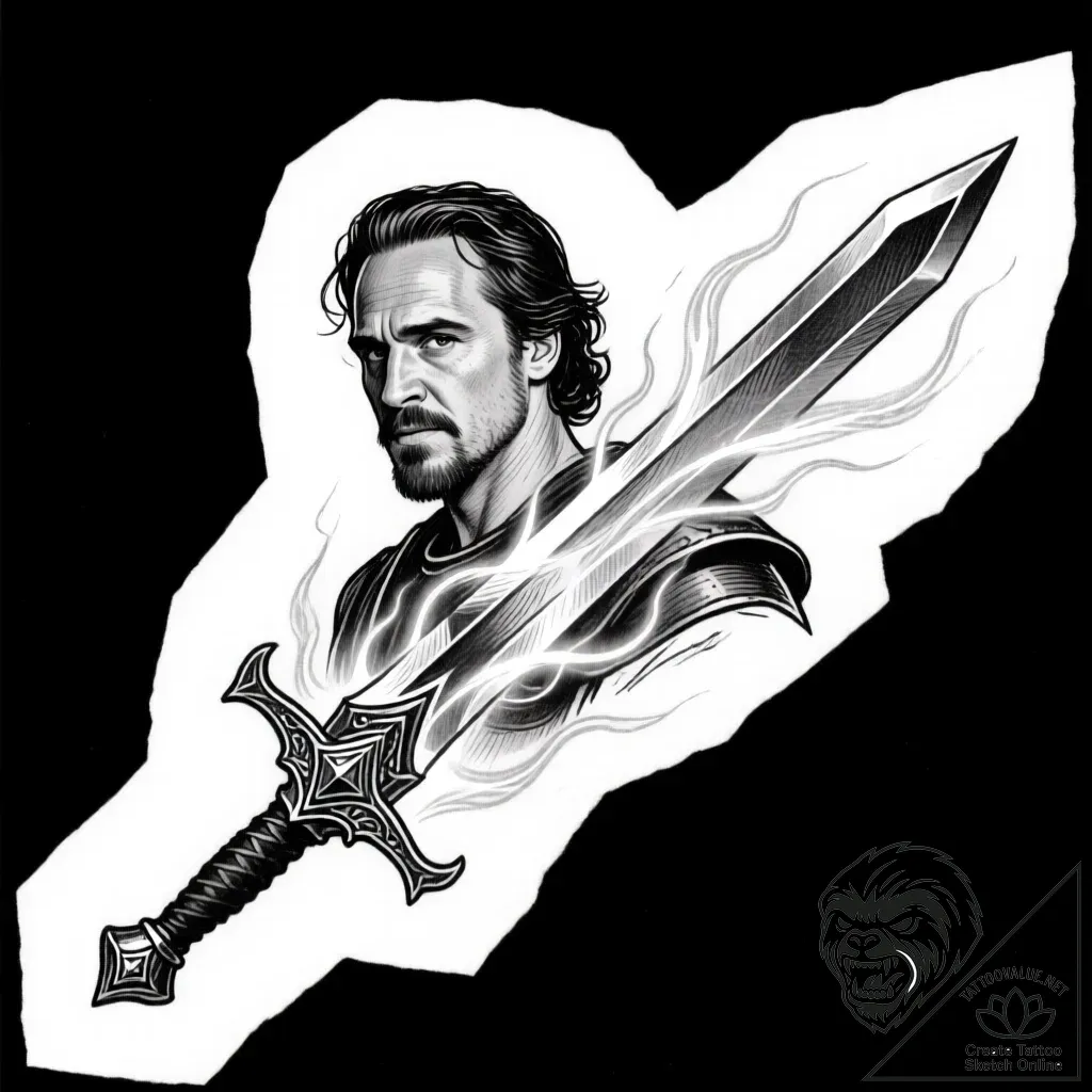 Tat tattoo sketch, joaquin’s sword glowing wi... - style Flux Inscriptions - tattoo sketch (30.11.2025 15:17)