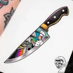 A close-up of a chef’s knife, reflecting the… – style Flux Inscriptions – tattoo sketch (30.11.2025 21:37)