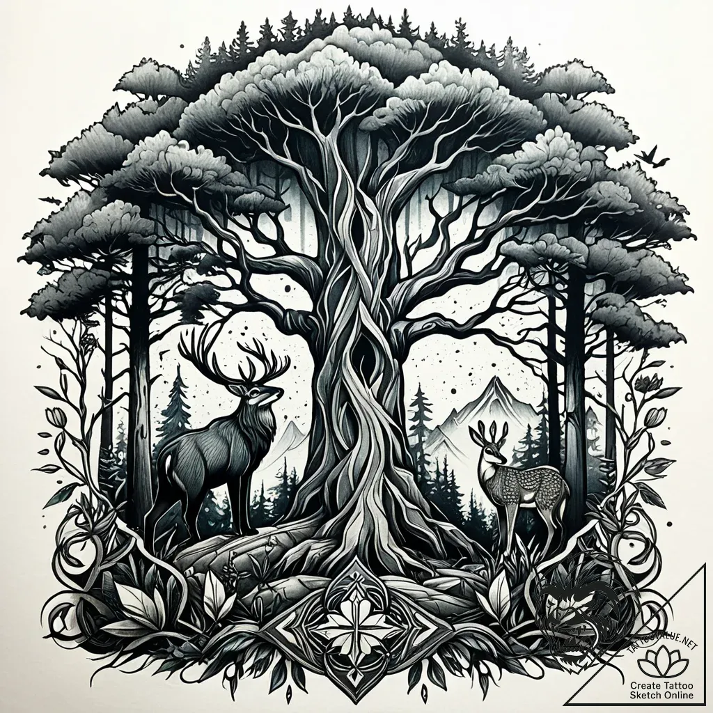 Tat tattoo sketch, ancient forest with toweri... - style Jaeger Simple - tattoo sketch (30.11.2025 21:57)