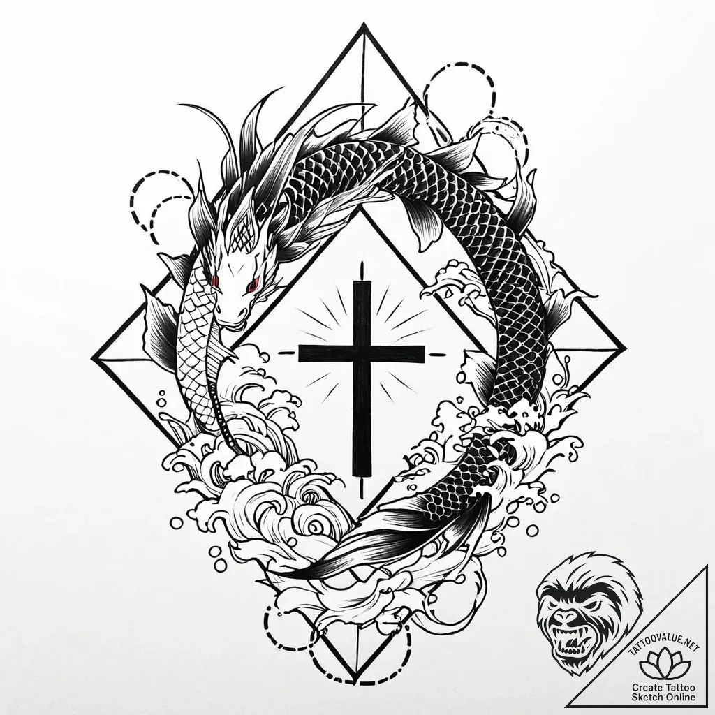 Koi dragon emerging from portal, tattoo sketc... - style Jaeger Mini - tattoo sketch (30.11.2025 23:37)