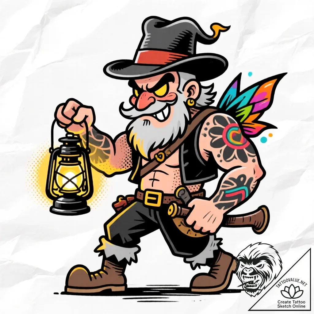 Tat tattoo sketch, stout gnome with pointed h... - style Flux Inscriptions - tattoo sketch (01.12.2025 05:37)