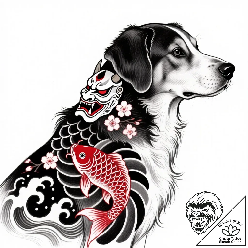 Tattoo sketch, domestic dog with tribal tatto... - style Flux Inscriptions - tattoo sketch (01.12.2025 06:57)