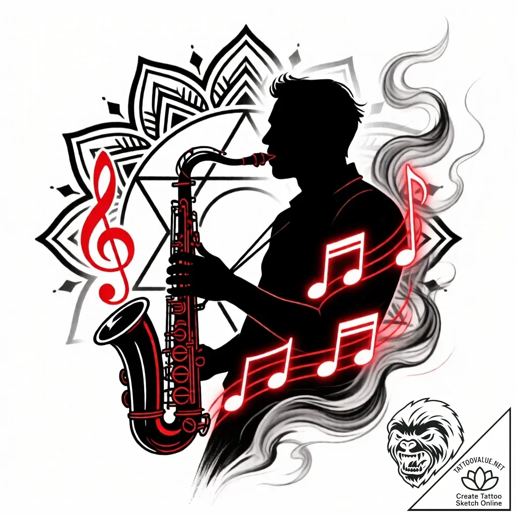 Tattoo sketch, jazz saxophone player silhouet... - style Flux Inscriptions - tattoo sketch (01.12.2025 08:17)