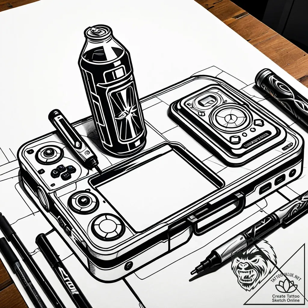 Tattoo sketch a gaming desk with a messy but... - style Jaeger Simple - tattoo sketch (01.12.2025 11:17)