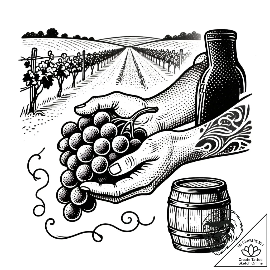 Tat tattoo sketch, winemaker’s hands holding... - style Flux Inscriptions - tattoo sketch (01.12.2025 19:57)