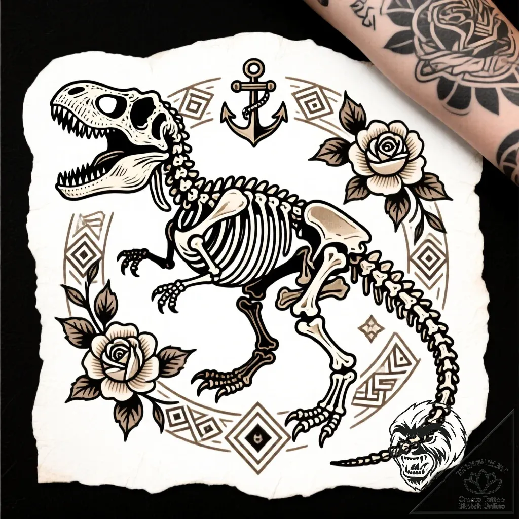 T-rex skeleton, but re-animated and roaring,... - style Flux Inscriptions - tattoo sketch (02.12.2025 03:57)
