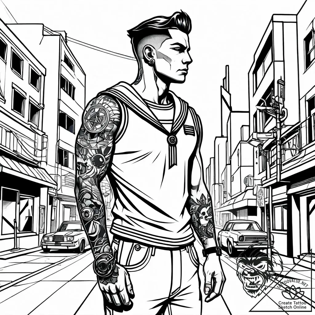 Tattoo design a cyberpunk street scene with a... - style Jaeger Simple - tattoo sketch (02.12.2025 04:17)