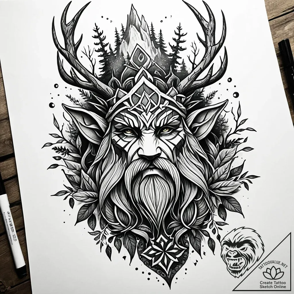 A tattoo sketch of a leshy, the forest spirit... - style Jaeger Simple - tattoo sketch (02.12.2025 05:37)