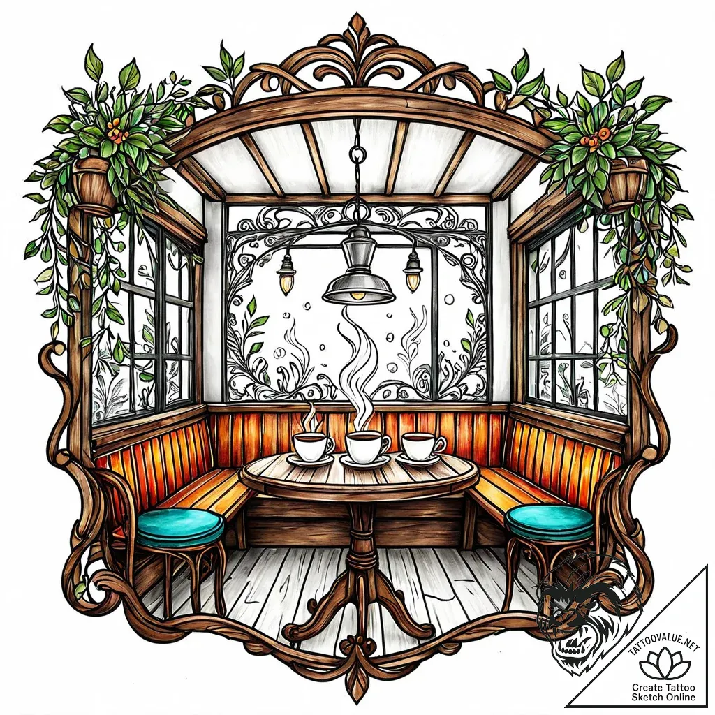 Tat tattoo sketch, café storefront with hangi... - style Jaeger Mini - tattoo sketch (02.12.2025 05:57)