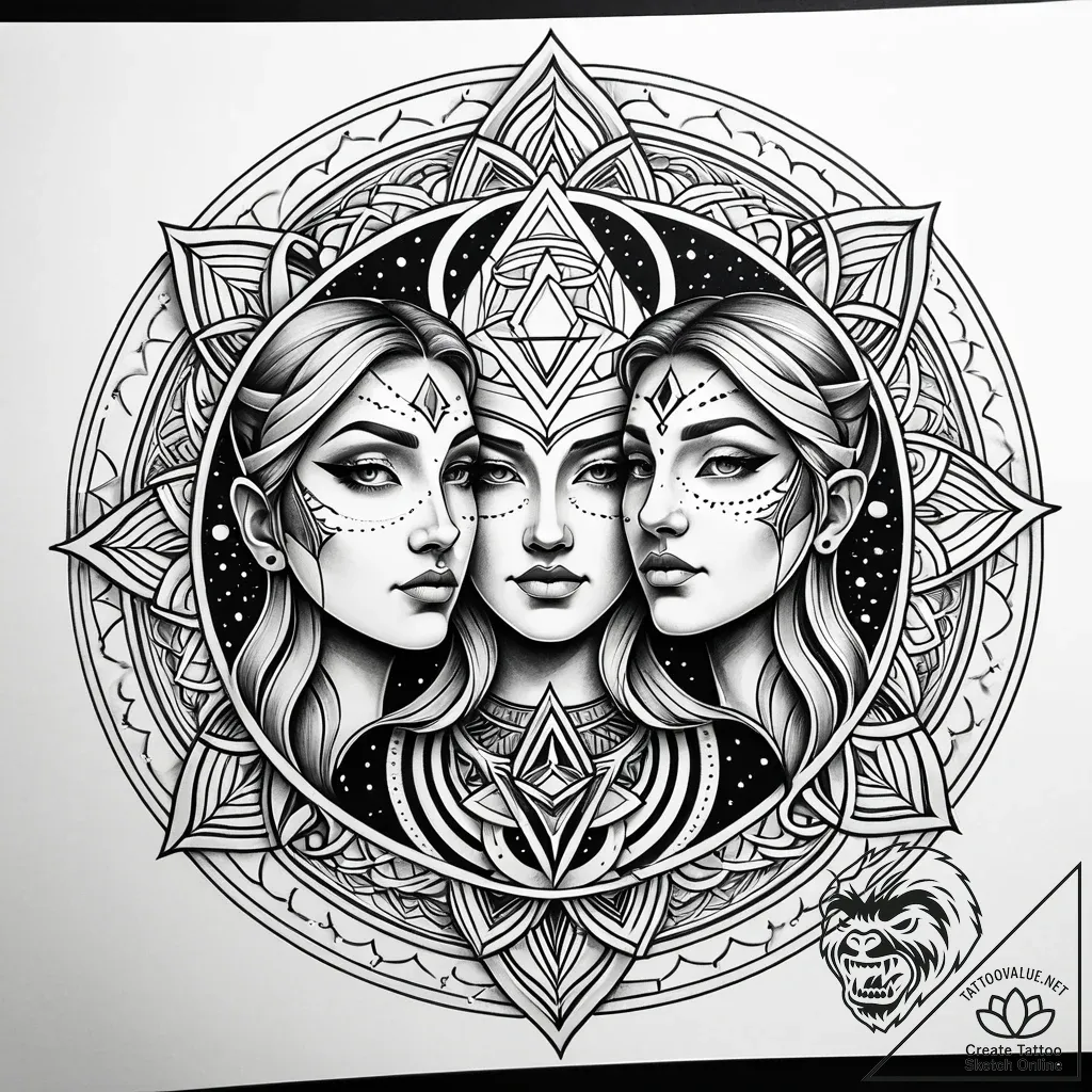 Tattoo sketch gemini faces in detailed dotwor... - style Jaeger Simple - tattoo sketch (02.12.2025 06:57)
