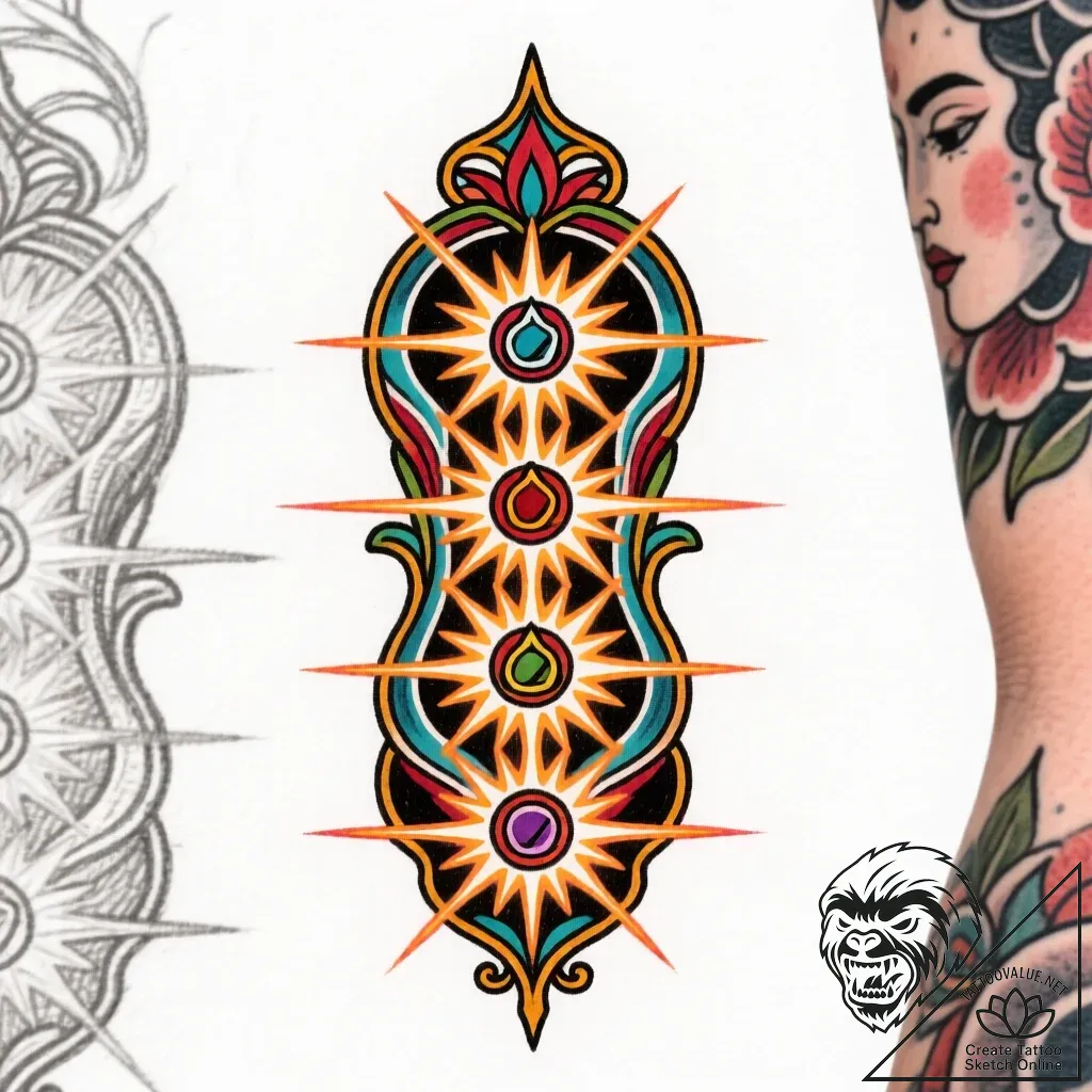 Tat tattoo sketch, spiritual chakra symbols a... - style Flux Inscriptions - tattoo sketch (02.12.2025 15:57)